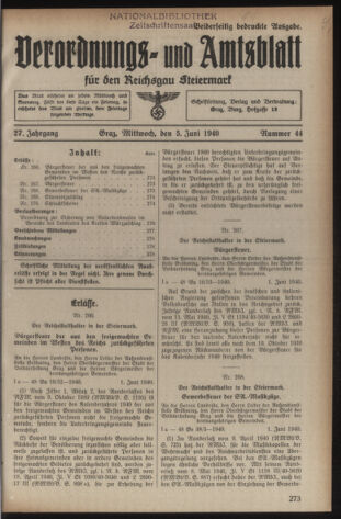 Verordnungsblatt der steiermärkischen Landesregierung 19400605 Seite: 1