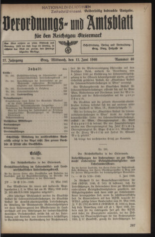 Verordnungsblatt der steiermärkischen Landesregierung 19400612 Seite: 1