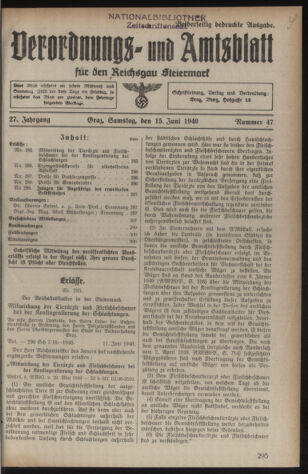 Verordnungsblatt der steiermärkischen Landesregierung 19400615 Seite: 1