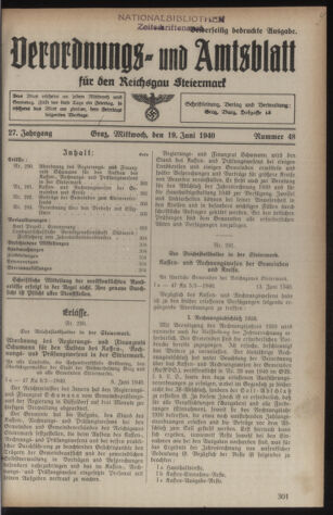 Verordnungsblatt der steiermärkischen Landesregierung 19400619 Seite: 1