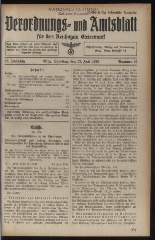 Verordnungsblatt der steiermärkischen Landesregierung 19400622 Seite: 1