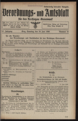 Verordnungsblatt der steiermärkischen Landesregierung 19400629 Seite: 1