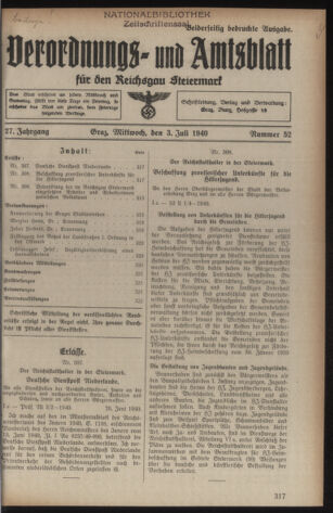 Verordnungsblatt der steiermärkischen Landesregierung 19400703 Seite: 1