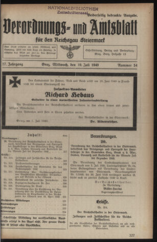 Verordnungsblatt der steiermärkischen Landesregierung 19400710 Seite: 1