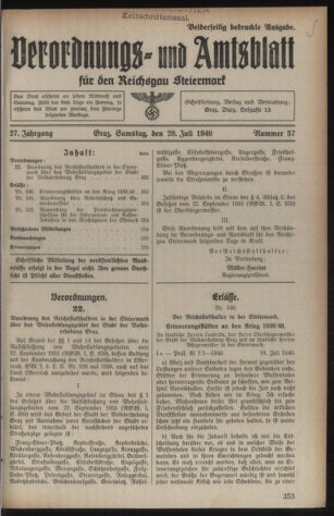 Verordnungsblatt der steiermärkischen Landesregierung 19400720 Seite: 1