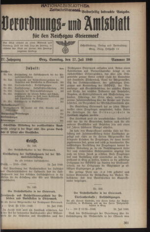 Verordnungsblatt der steiermärkischen Landesregierung 19400727 Seite: 1