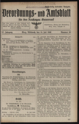 Verordnungsblatt der steiermärkischen Landesregierung 19400731 Seite: 1