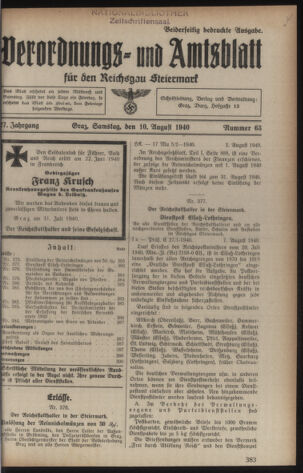 Verordnungsblatt der steiermärkischen Landesregierung 19400810 Seite: 1