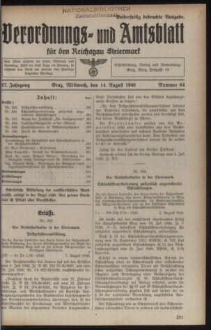 Verordnungsblatt der steiermärkischen Landesregierung 19400814 Seite: 1