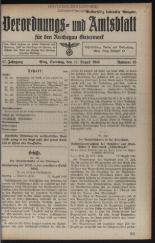 Verordnungsblatt der steiermärkischen Landesregierung 19400817 Seite: 1