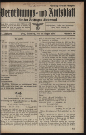 Verordnungsblatt der steiermärkischen Landesregierung 19400821 Seite: 1