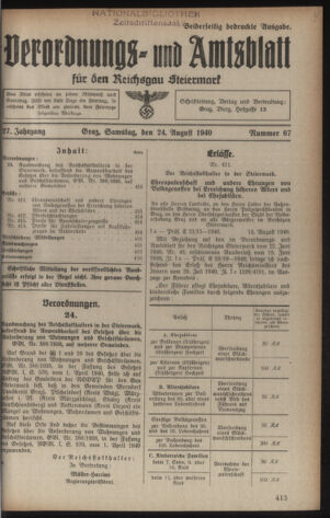 Verordnungsblatt der steiermärkischen Landesregierung 19400824 Seite: 1