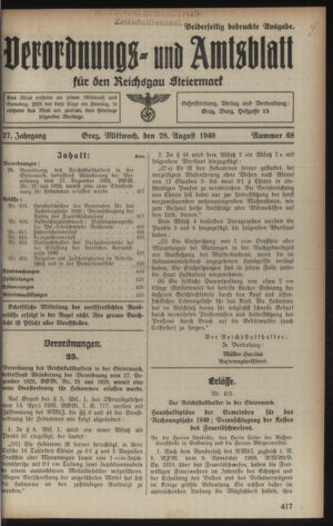 Verordnungsblatt der steiermärkischen Landesregierung 19400828 Seite: 1