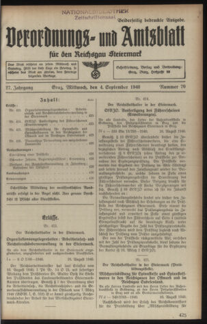 Verordnungsblatt der steiermärkischen Landesregierung 19400904 Seite: 1