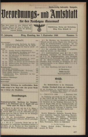 Verordnungsblatt der steiermärkischen Landesregierung 19400907 Seite: 1