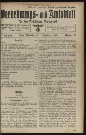 Verordnungsblatt der steiermärkischen Landesregierung 19400911 Seite: 1