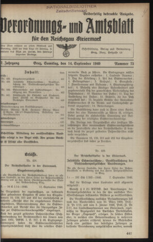 Verordnungsblatt der steiermärkischen Landesregierung 19400914 Seite: 1