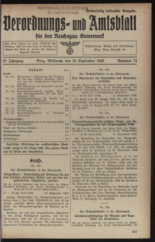 Verordnungsblatt der steiermärkischen Landesregierung 19400918 Seite: 1