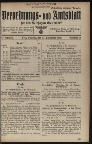 Verordnungsblatt der steiermärkischen Landesregierung 19400921 Seite: 1