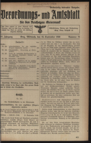 Verordnungsblatt der steiermärkischen Landesregierung 19400925 Seite: 1