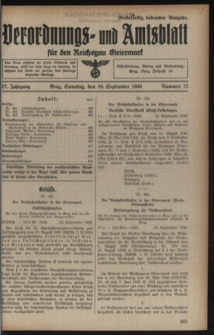 Verordnungsblatt der steiermärkischen Landesregierung 19400928 Seite: 1