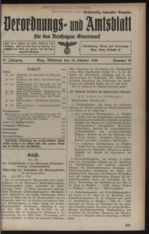 Verordnungsblatt der steiermärkischen Landesregierung 19401016 Seite: 1