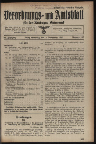 Verordnungsblatt der steiermärkischen Landesregierung 19401102 Seite: 1