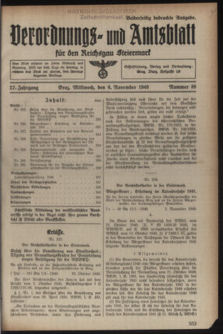 Verordnungsblatt der steiermärkischen Landesregierung 19401106 Seite: 1