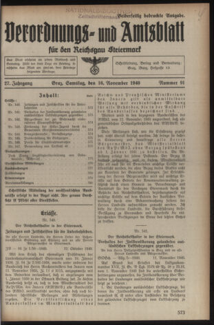 Verordnungsblatt der steiermärkischen Landesregierung 19401116 Seite: 1