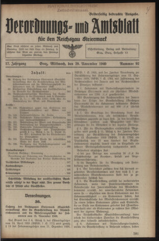 Verordnungsblatt der steiermärkischen Landesregierung 19401120 Seite: 1