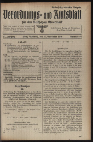 Verordnungsblatt der steiermärkischen Landesregierung 19401127 Seite: 1