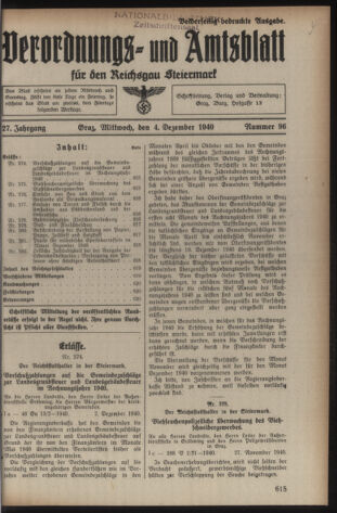 Verordnungsblatt der steiermärkischen Landesregierung 19401204 Seite: 1