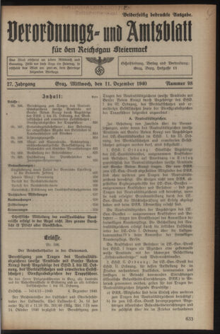 Verordnungsblatt der steiermärkischen Landesregierung 19401211 Seite: 1