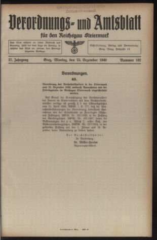 Verordnungsblatt der steiermärkischen Landesregierung 19401223 Seite: 1