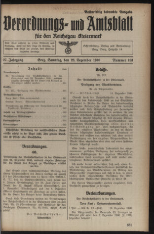 Verordnungsblatt der steiermärkischen Landesregierung 19401228 Seite: 1