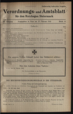 Verordnungsblatt der steiermärkischen Landesregierung 19430227 Seite: 1