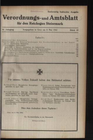 Verordnungsblatt der steiermärkischen Landesregierung 19430508 Seite: 1