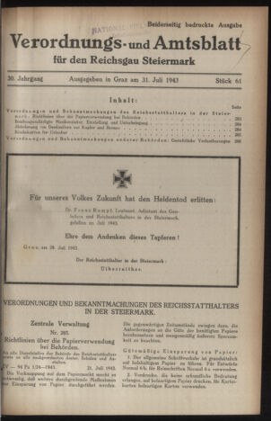 Verordnungsblatt der steiermärkischen Landesregierung 19430731 Seite: 1