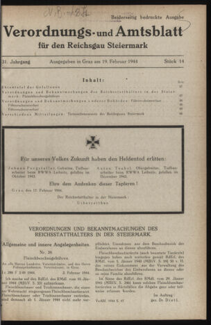 Verordnungsblatt der steiermärkischen Landesregierung 19440219 Seite: 1