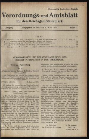 Verordnungsblatt der steiermärkischen Landesregierung 19440304 Seite: 1