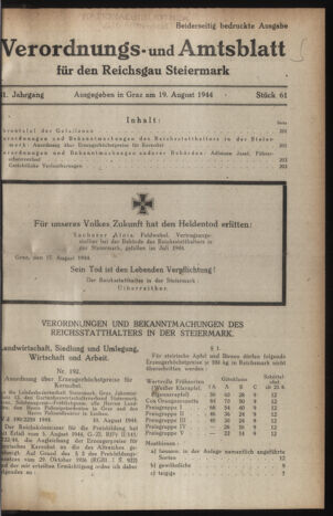 Verordnungsblatt der steiermärkischen Landesregierung 19440819 Seite: 1