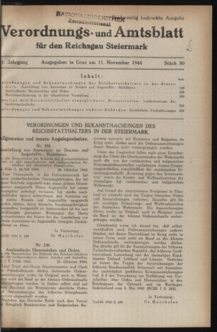 Verordnungsblatt der steiermärkischen Landesregierung 19441111 Seite: 1