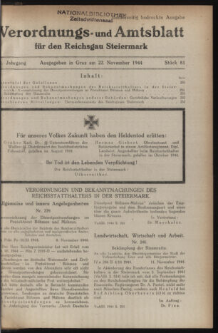 Verordnungsblatt der steiermärkischen Landesregierung 19441122 Seite: 1