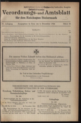 Verordnungsblatt der steiermärkischen Landesregierung 19441206 Seite: 1