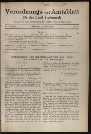 Verordnungsblatt der steiermärkischen Landesregierung 19460103 Seite: 1