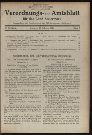 Verordnungsblatt der steiermärkischen Landesregierung 19460220 Seite: 1