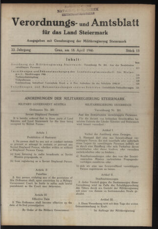 Verordnungsblatt der steiermärkischen Landesregierung 19460418 Seite: 1