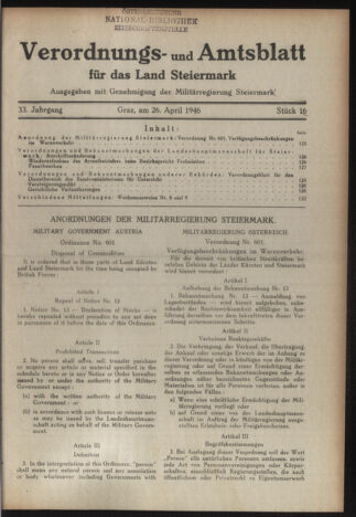 Verordnungsblatt der steiermärkischen Landesregierung 19460426 Seite: 1