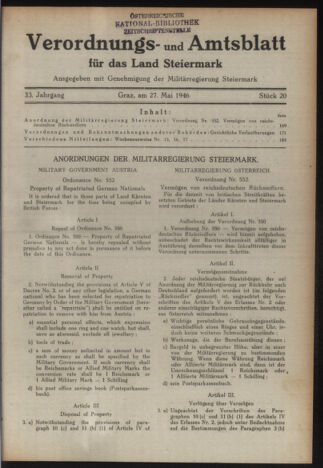 Verordnungsblatt der steiermärkischen Landesregierung 19460527 Seite: 1