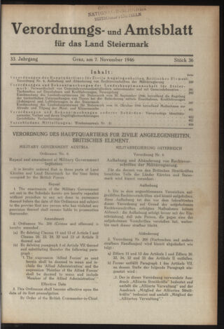 Verordnungsblatt der steiermärkischen Landesregierung 19461107 Seite: 1